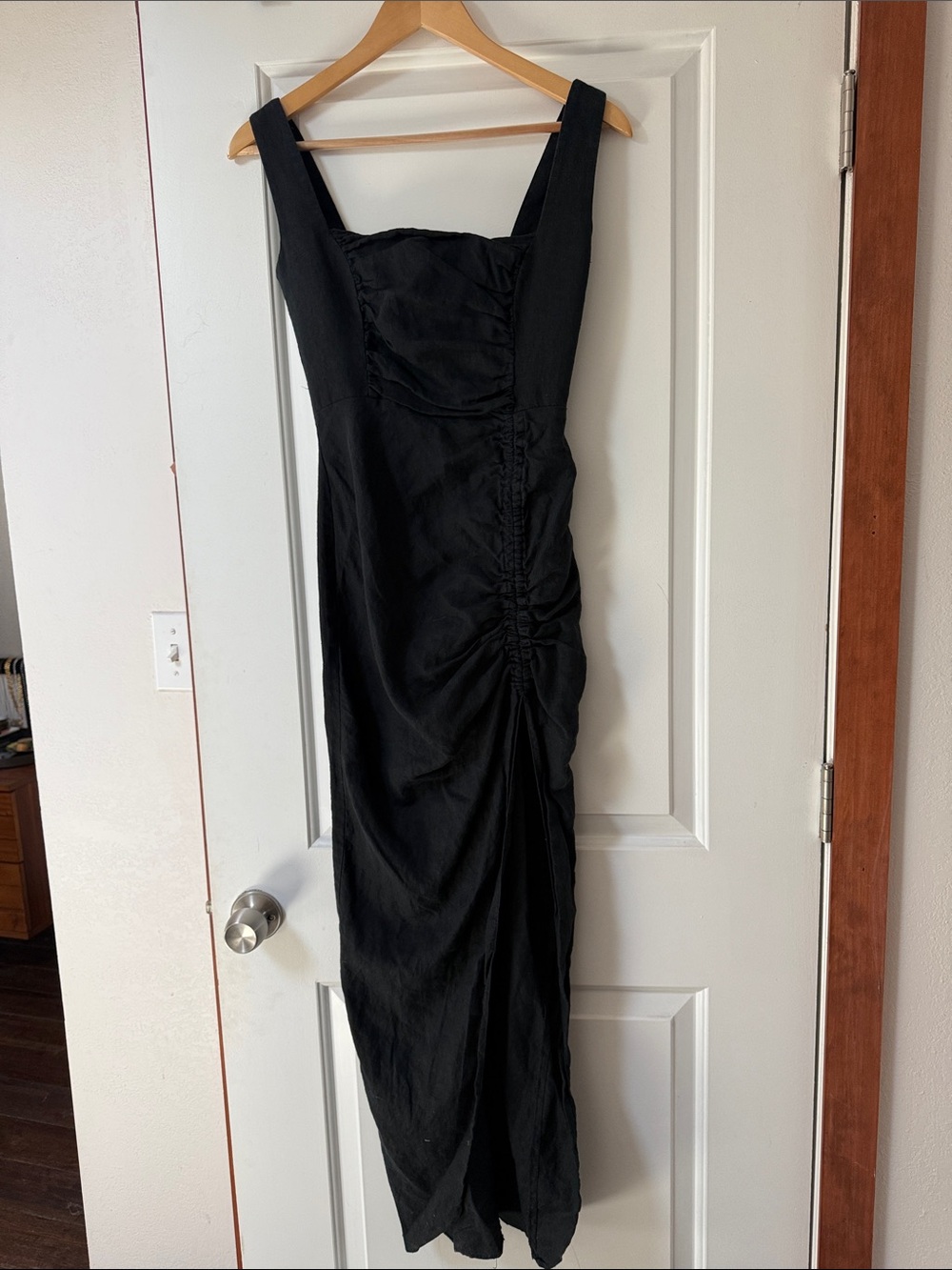 Women's Black Ruched Maxi Dress with Square Neck